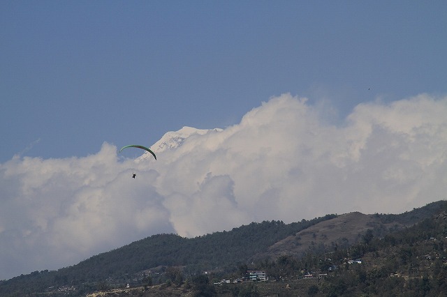 ポカラの上空のパラグライダー